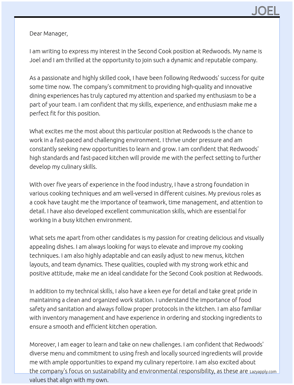 Second Cook At Redwoods Cover Letter