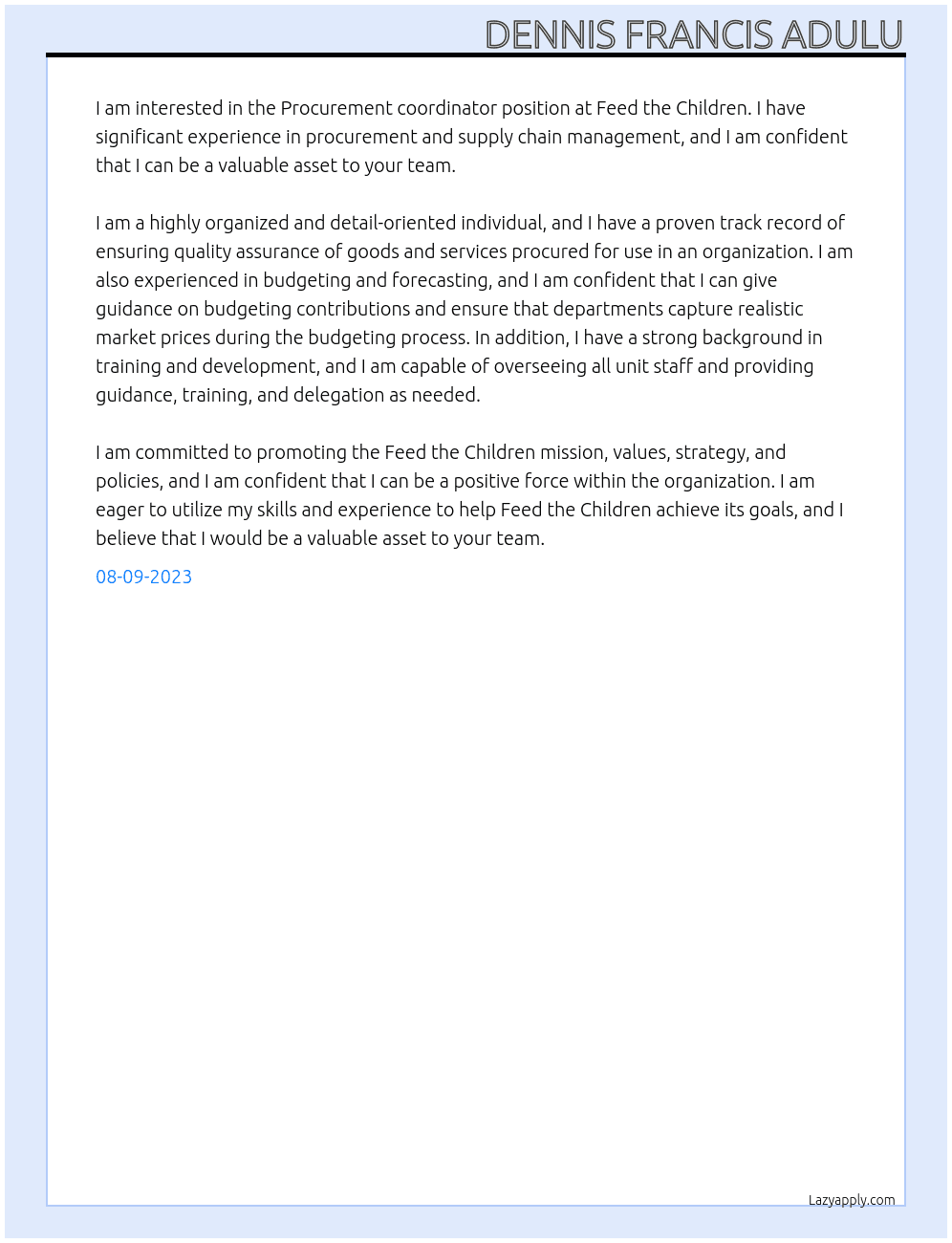 Procurement coordinator At Feed the Children Cover Letter