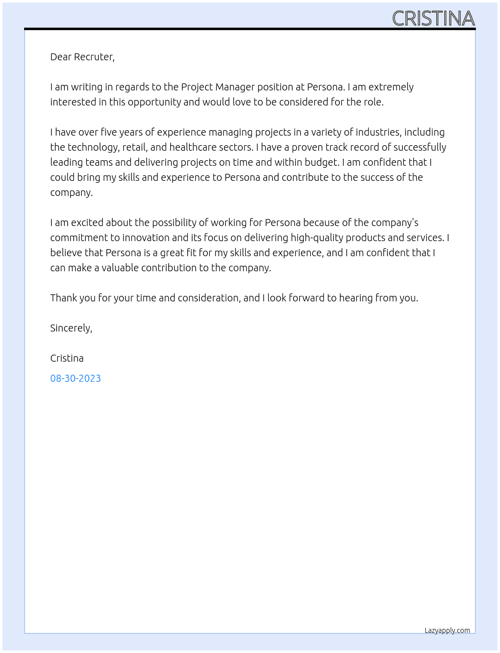 Project Manager At Persona Cover Letter