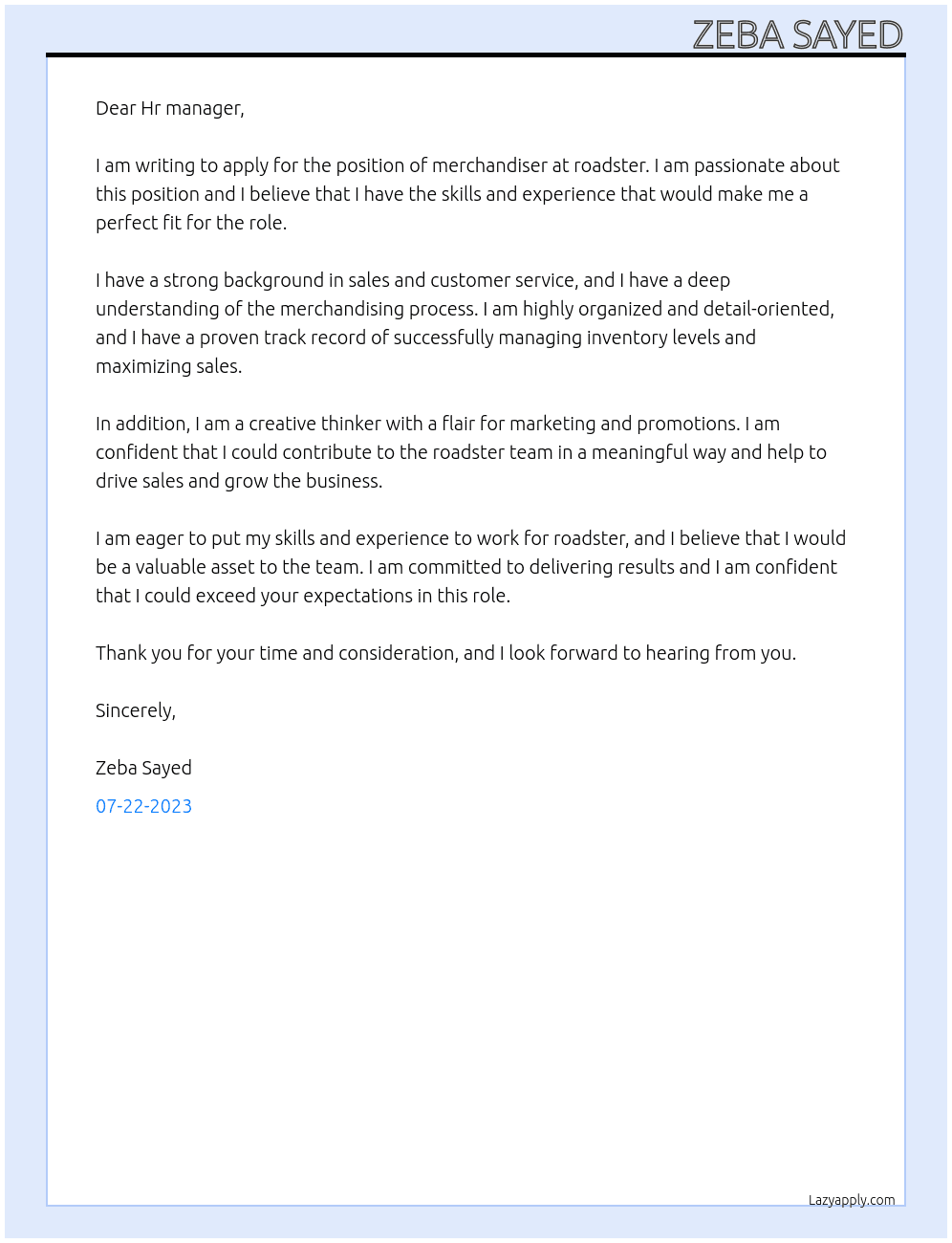 merchandiser At roadster Cover Letter