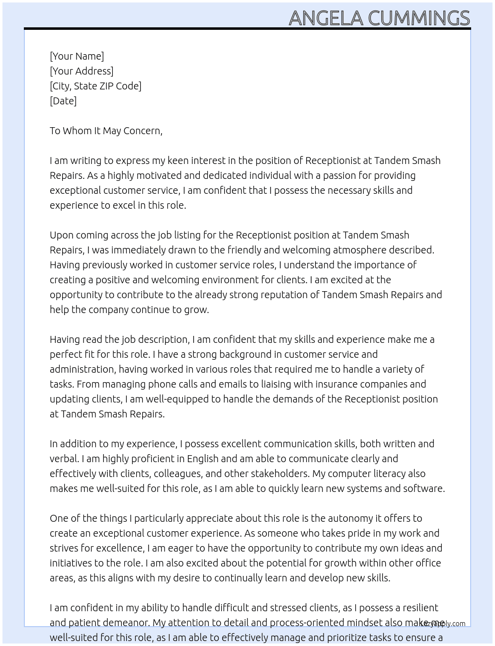 Receptionist - Friendly Trade Atmosphere At   Tandem Smash Repairs Cover Letter