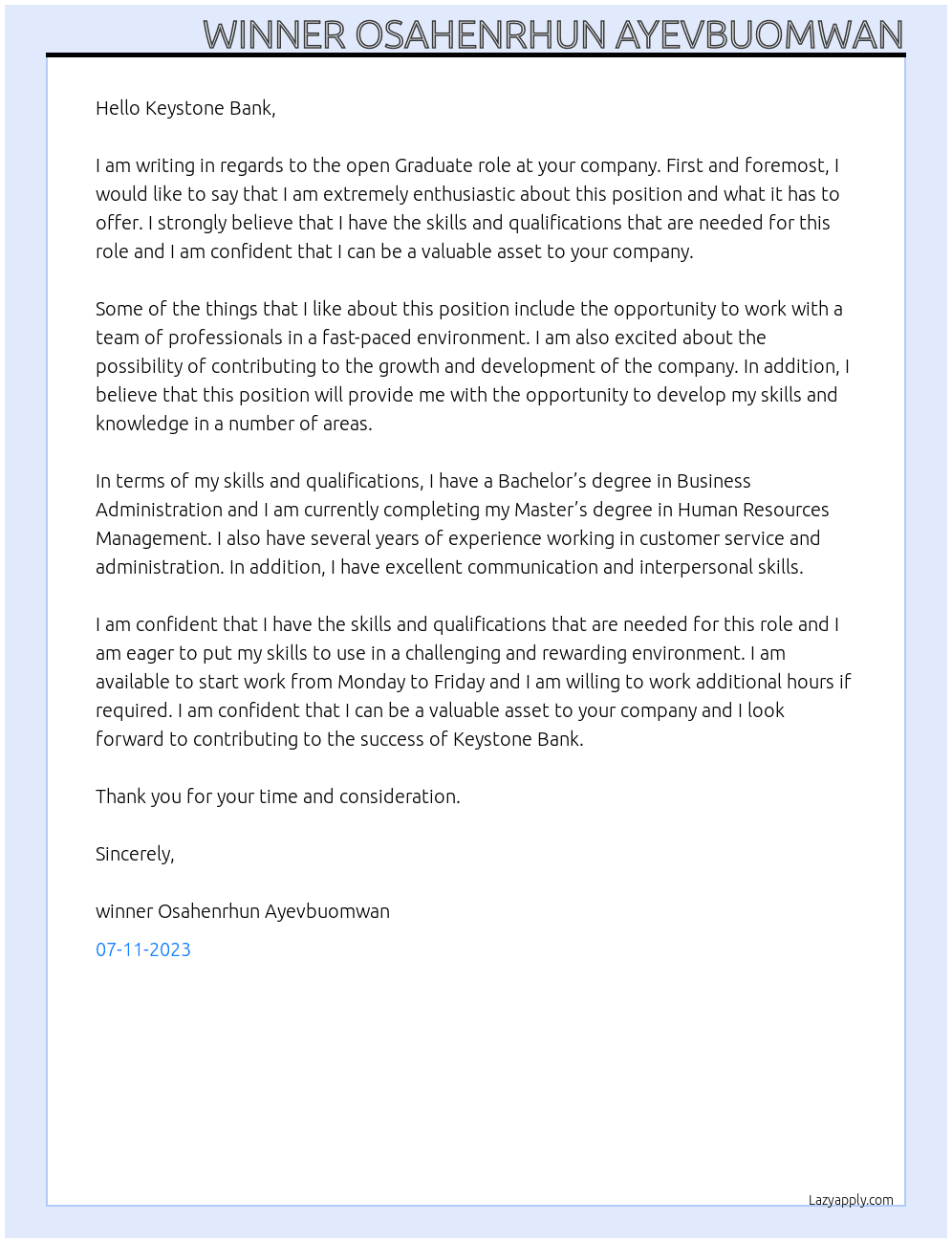 Graduate role At Keystone bank  Cover Letter