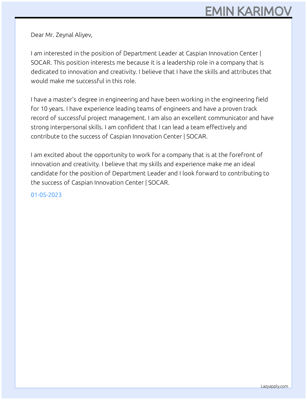 Department Leader At Caspian Innovation Center | SOCAR Cover Letter