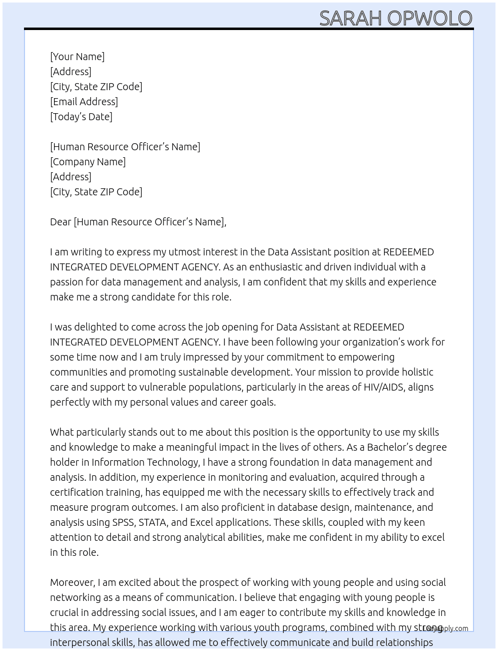 Data Assistant At REDEEMED INTEGRATED DEVELOPMENT AGENCY Cover Letter