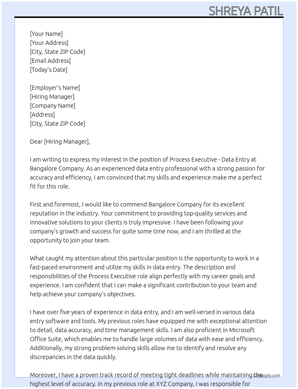 Process executive - data entry At Banglore company Cover Letter
