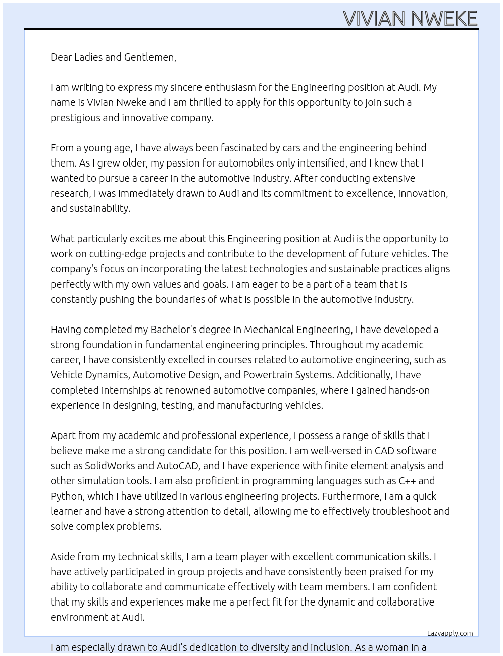 Engineering At Audi Cover Letter