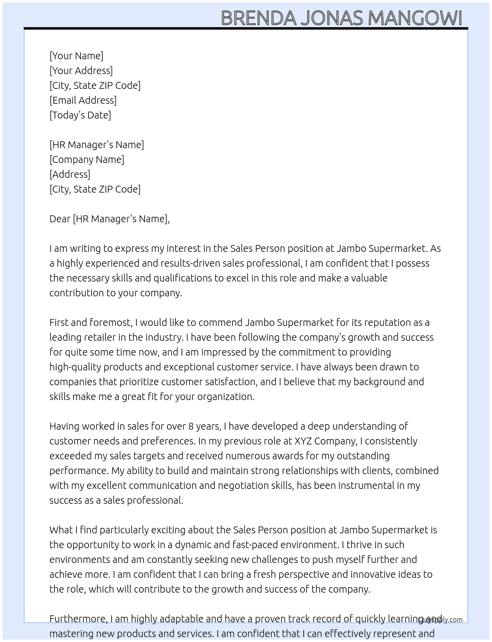Sales Person  At JAMBO SUPERMARKET  Cover Letter