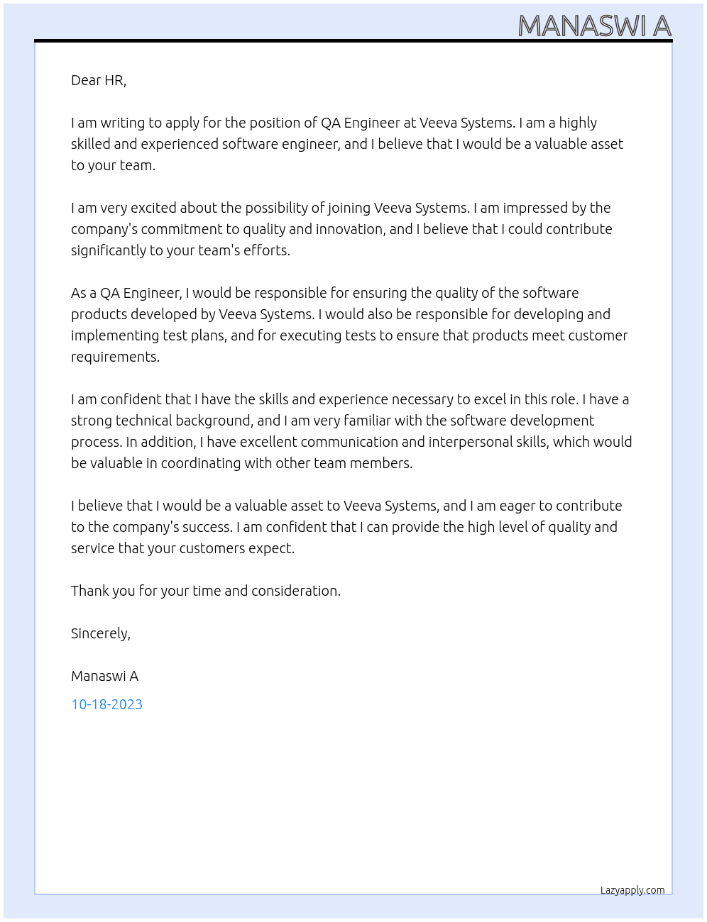 QA Engineer At Veeva Systems Cover Letter