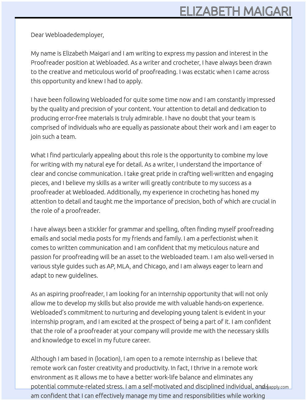 Proofreader At Webloaded Cover Letter