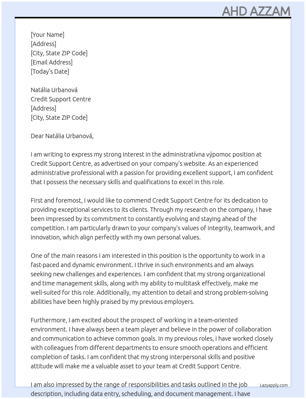 administratívna výpomoc At CREDIT SUPPORT CENTRE Cover Letter