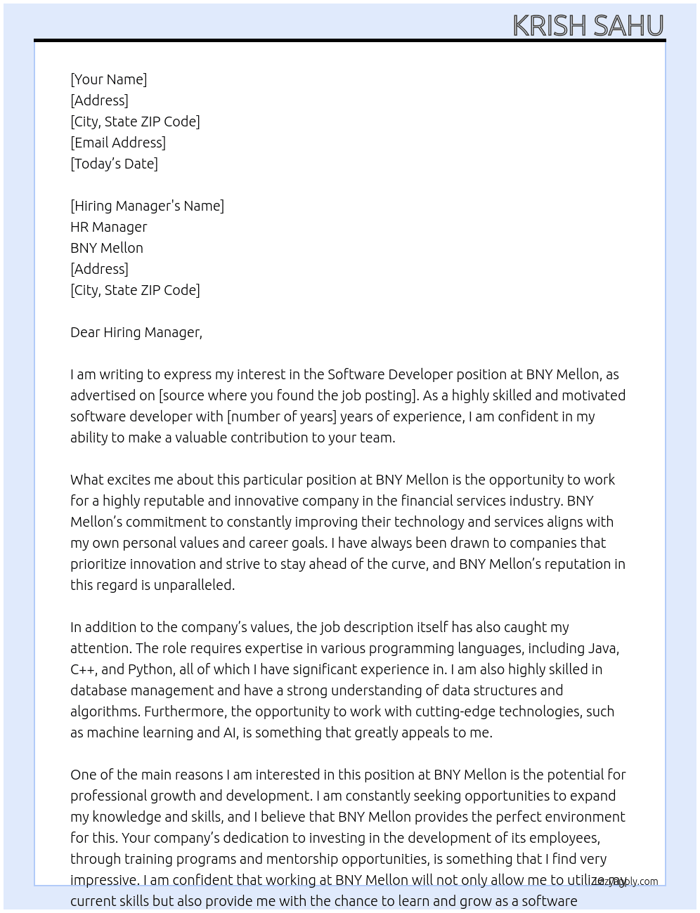 software developer At BNY Mellon Cover Letter