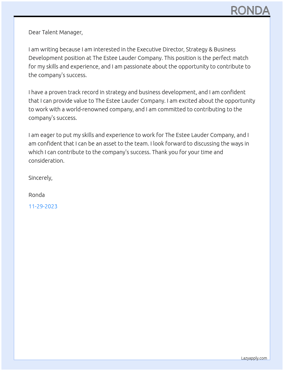 Executive Director, Strategy & Business Development At The Estee Lauder Company Cover Letter
