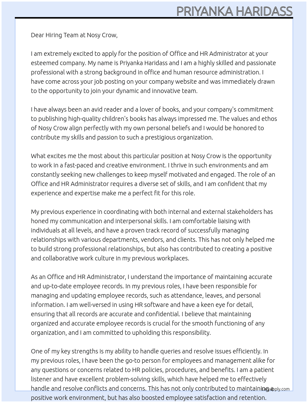 Office and HR Administrator At Nosy Crow Cover Letter