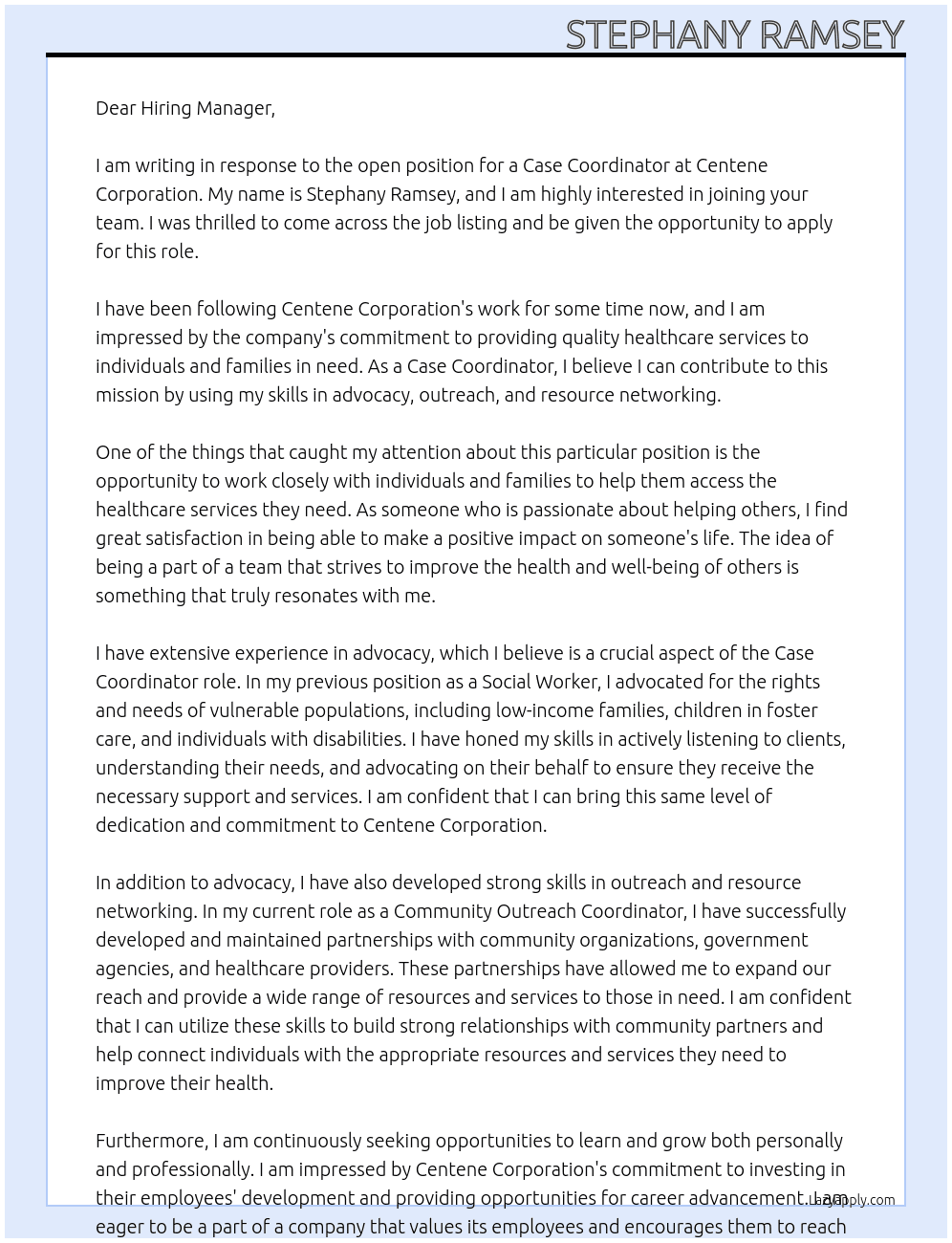 Case Coordinator At Centene Corporation Cover Letter