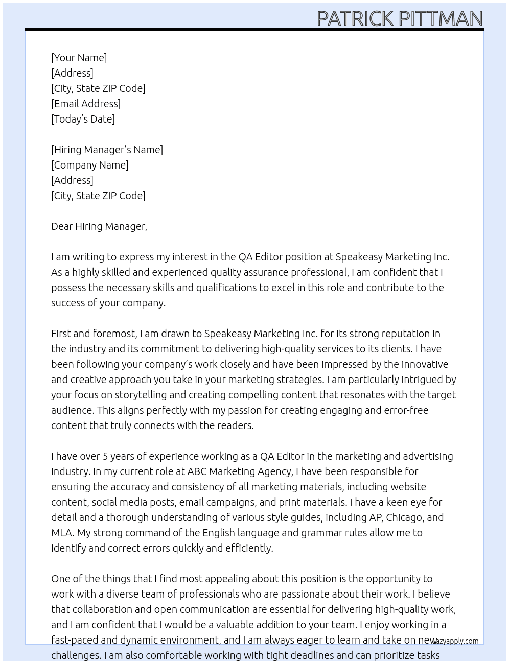 QA Editor At Speakeasy Marketing Inc. Cover Letter