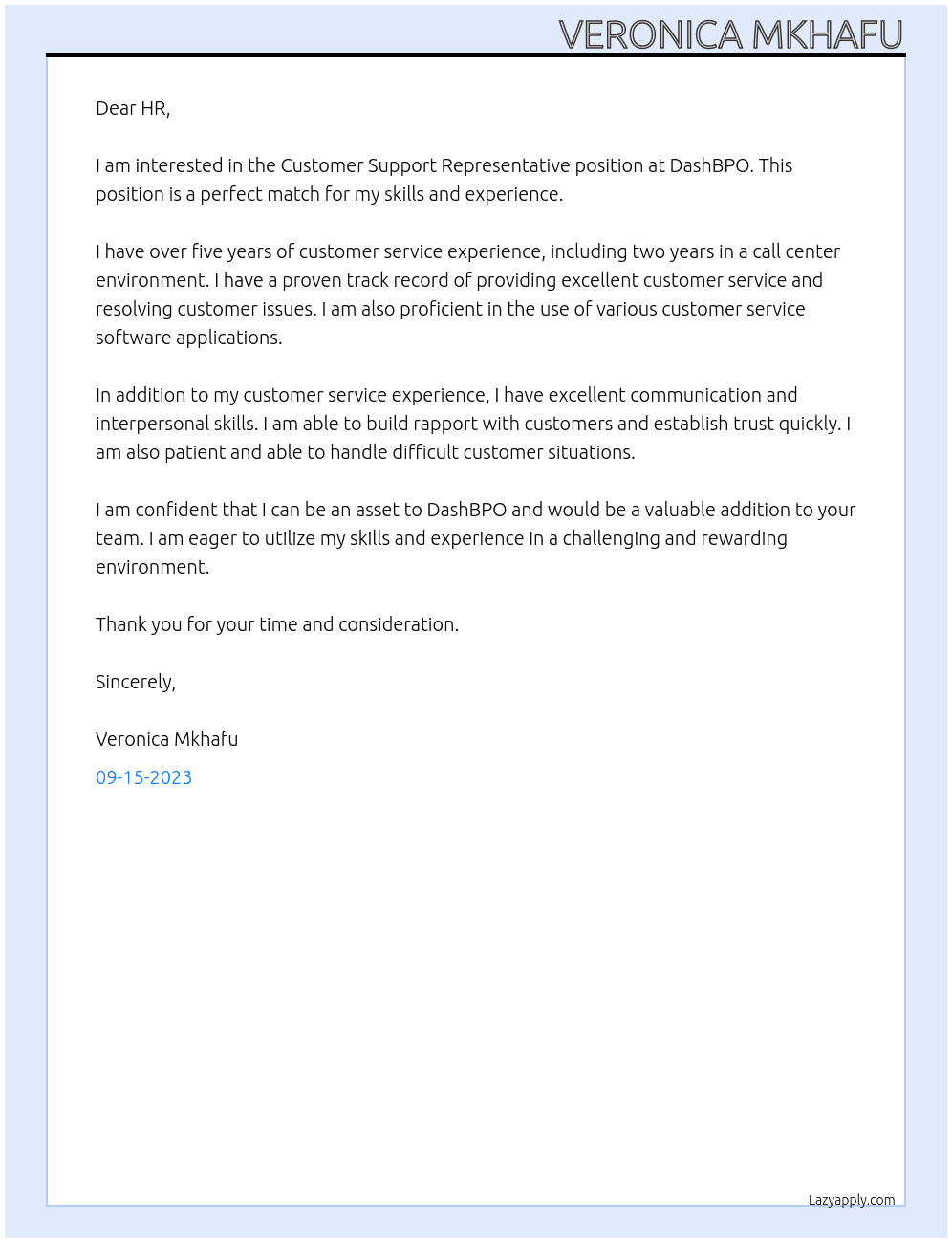 Customer Support Representative At DashBPO Cover Letter