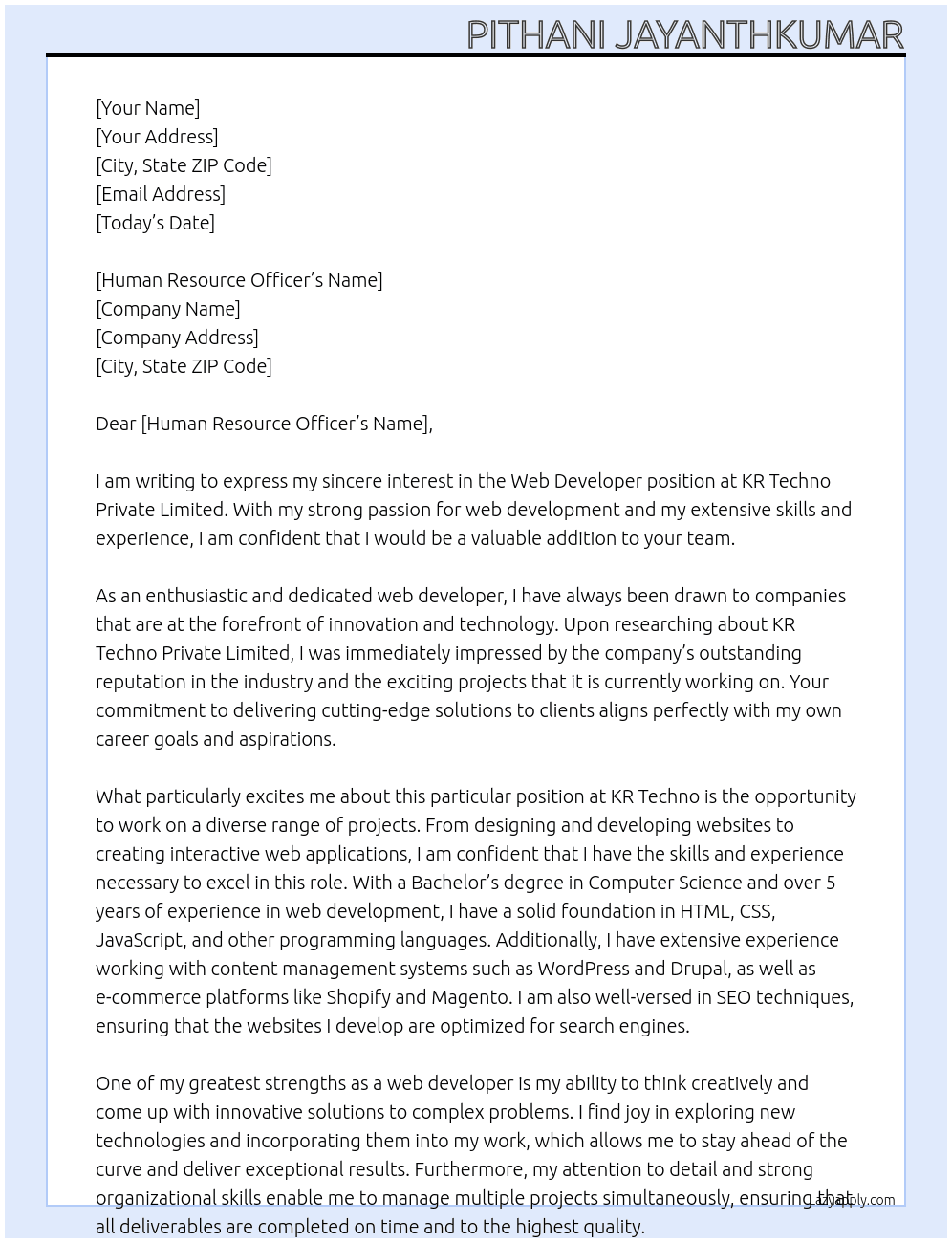 Web developer At KR Techno Private limited Cover Letter