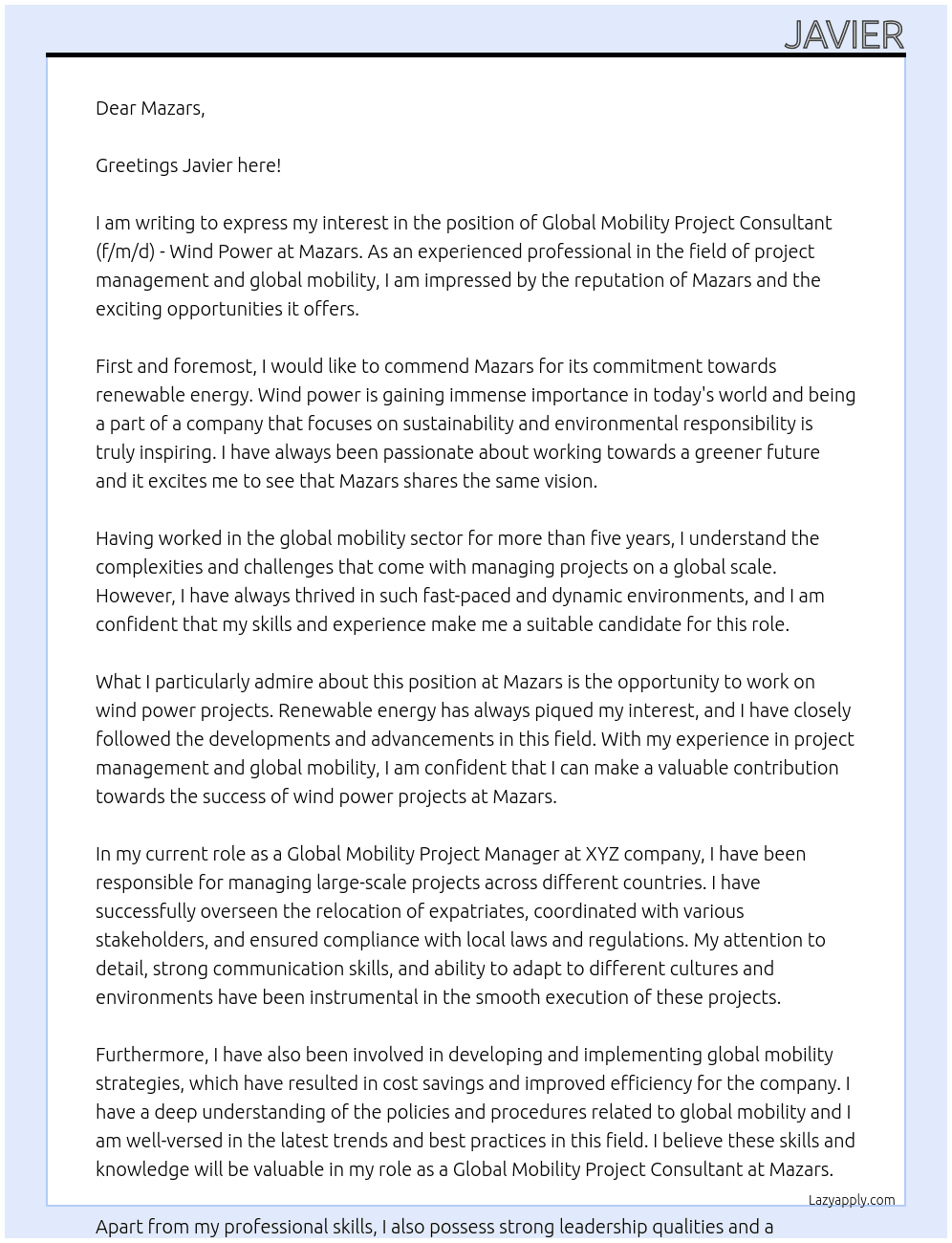 Global Mobility Project Consultant (f/m/d) - Wind Power At Mazars Cover Letter