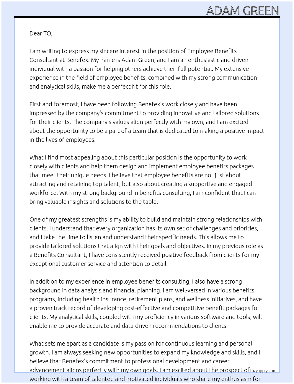 Employee Benefits Consultant At Benefex Cover Letter