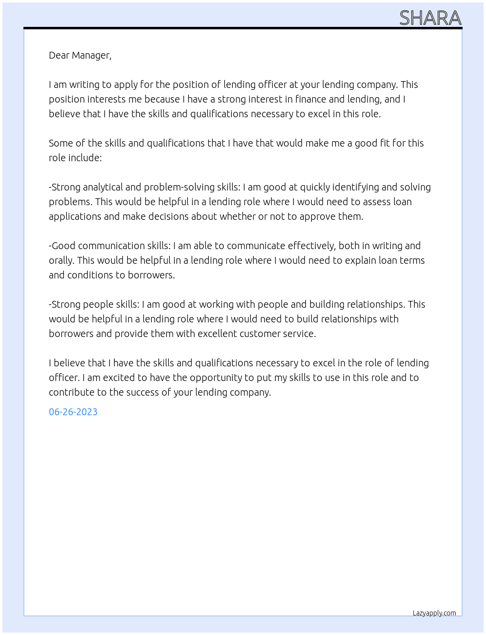 lending officer At lending company Cover Letter