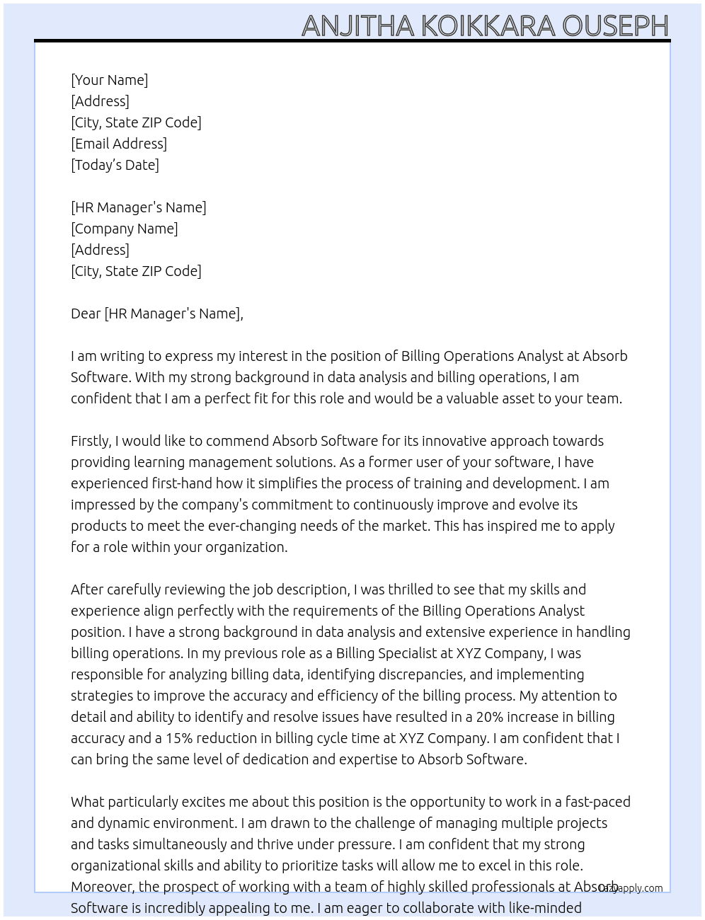 Billing operations anlyst At Absorb software Cover Letter