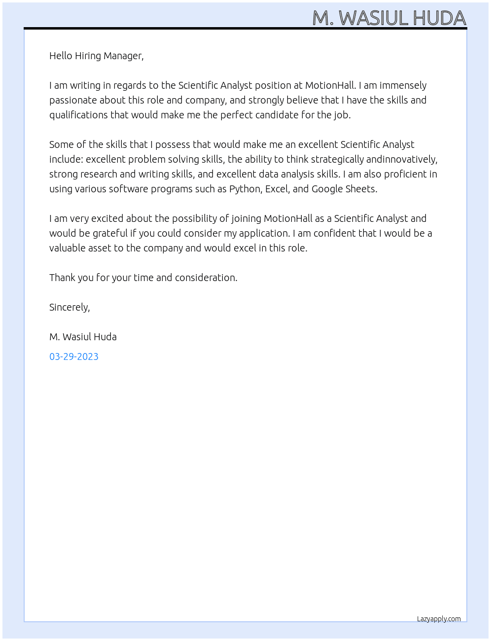 Scientific Analyst At MotionHall Cover Letter