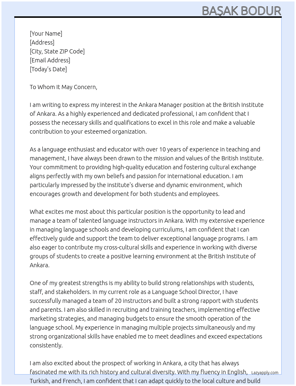 Ankara Manager At British Institute of Ankara Cover Letter