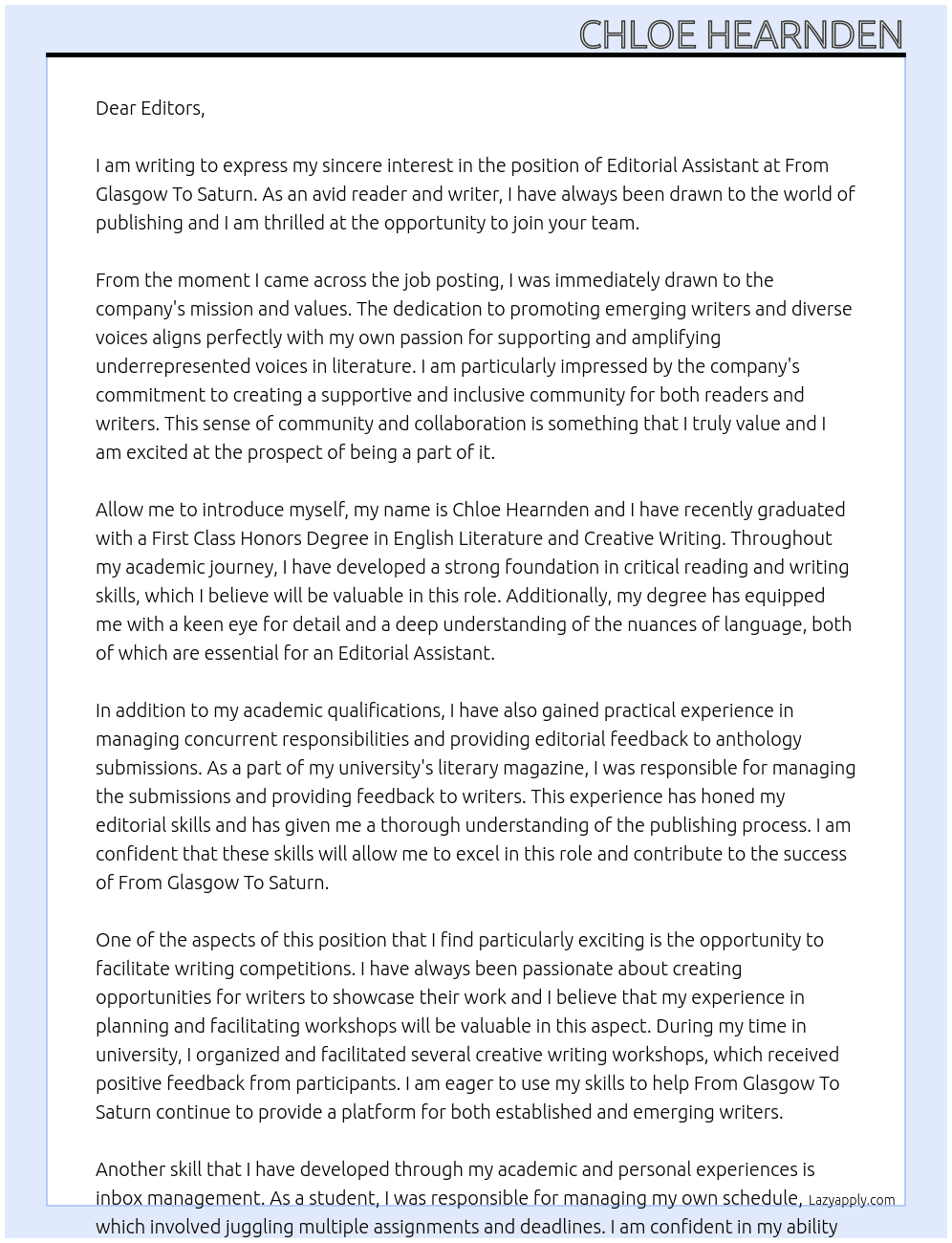 Editorial Assistant At From Glasgow To Saturn Cover Letter