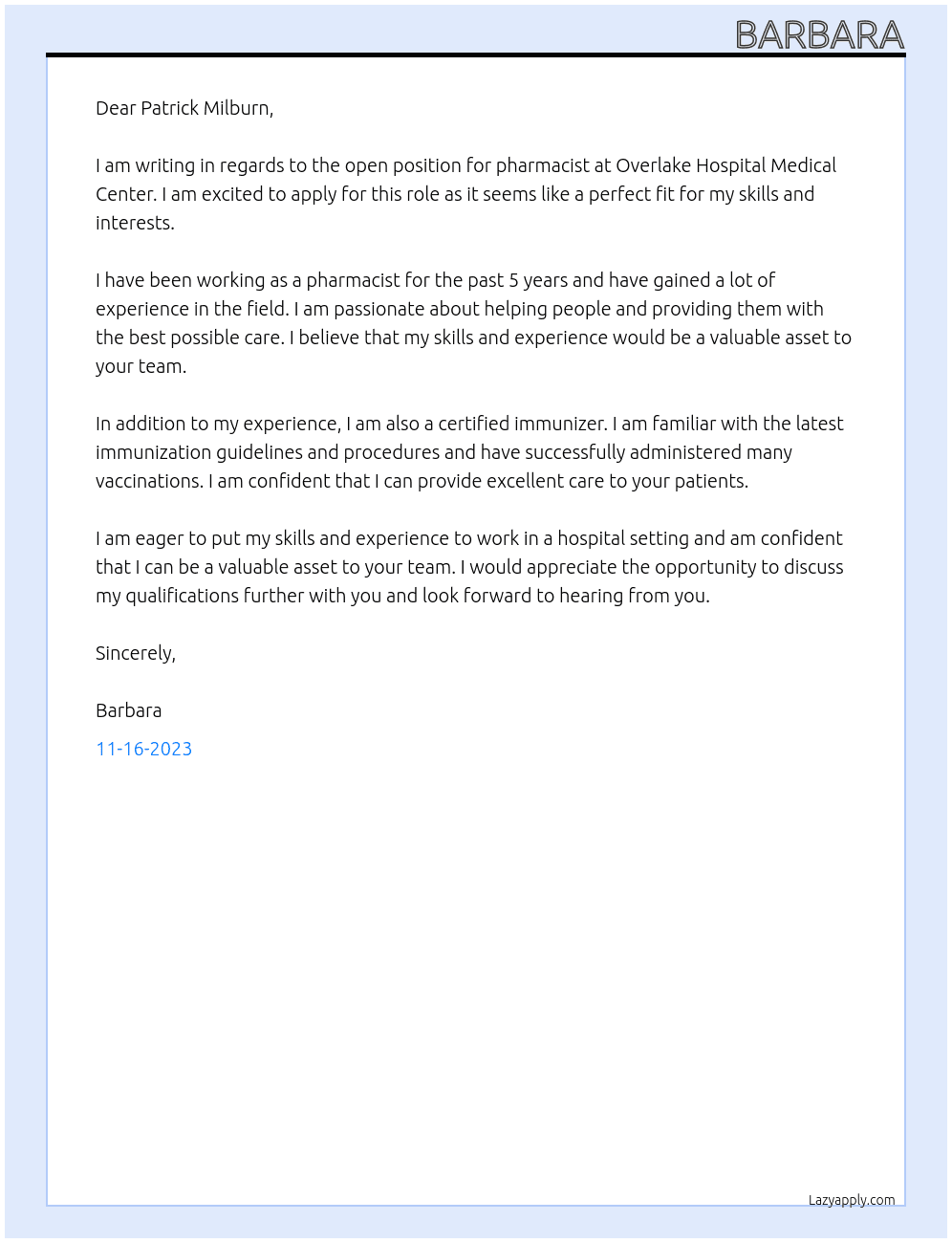 pharmacist At Overlake Hospital Medical Center Cover Letter