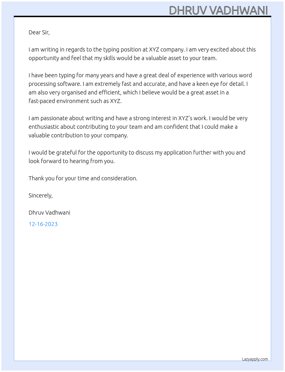 Typing  At Xyz Cover Letter
