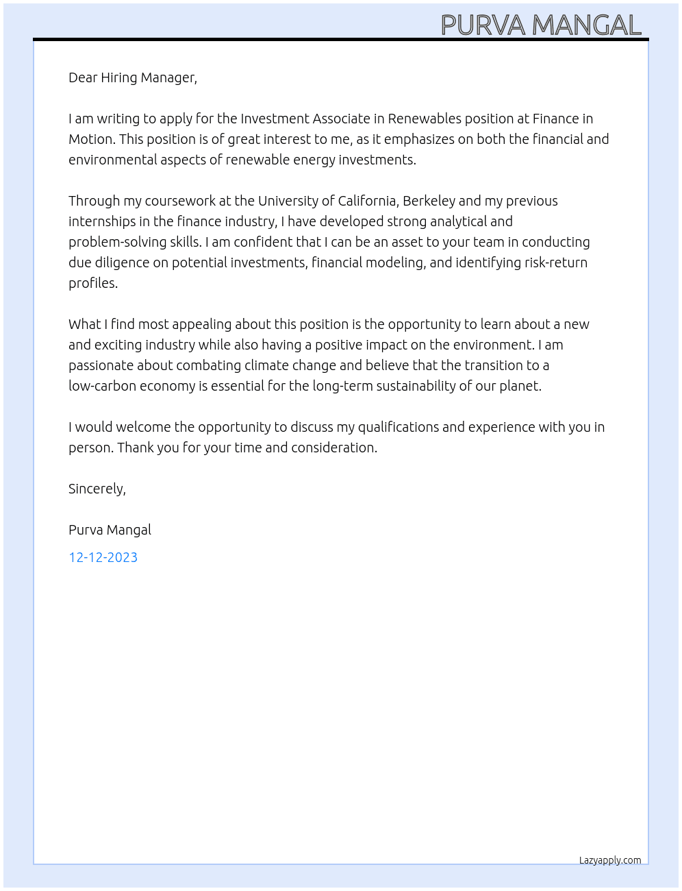 Investment Associate in Renewables  At Finance in Motion  Cover Letter