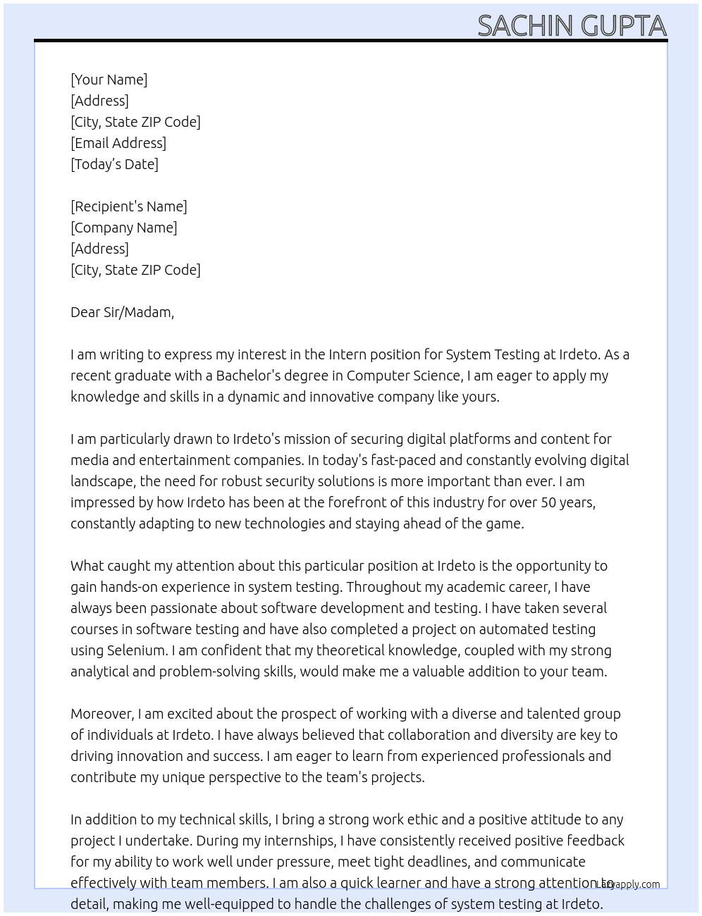 Intern - System Testing At Irdeto Cover Letter