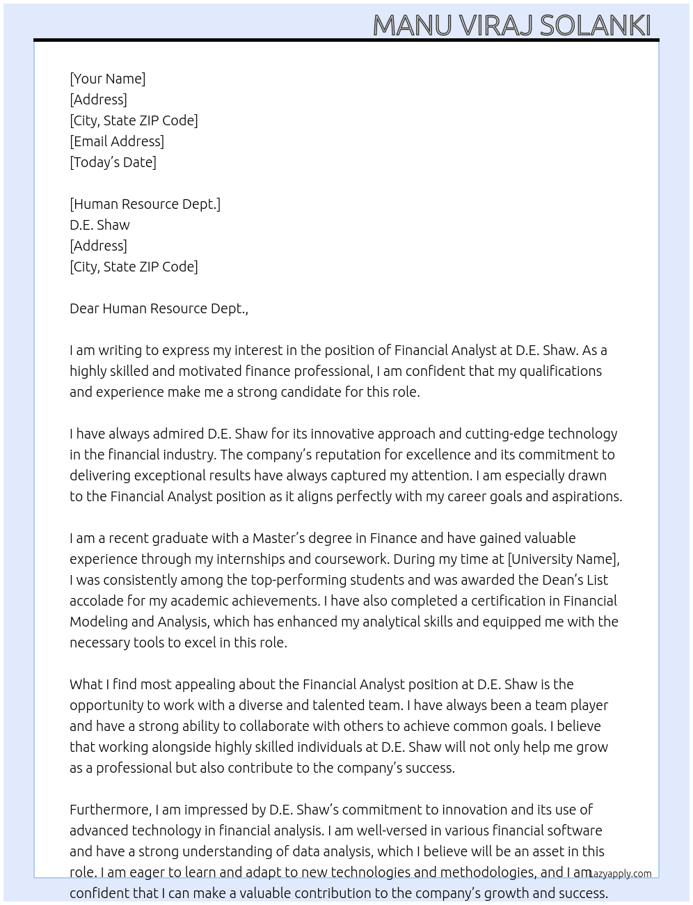 Financial Analyst  At D.E. Shaw  Cover Letter