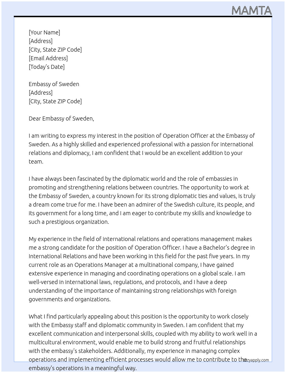Operation officer At Sweden embassy  Cover Letter