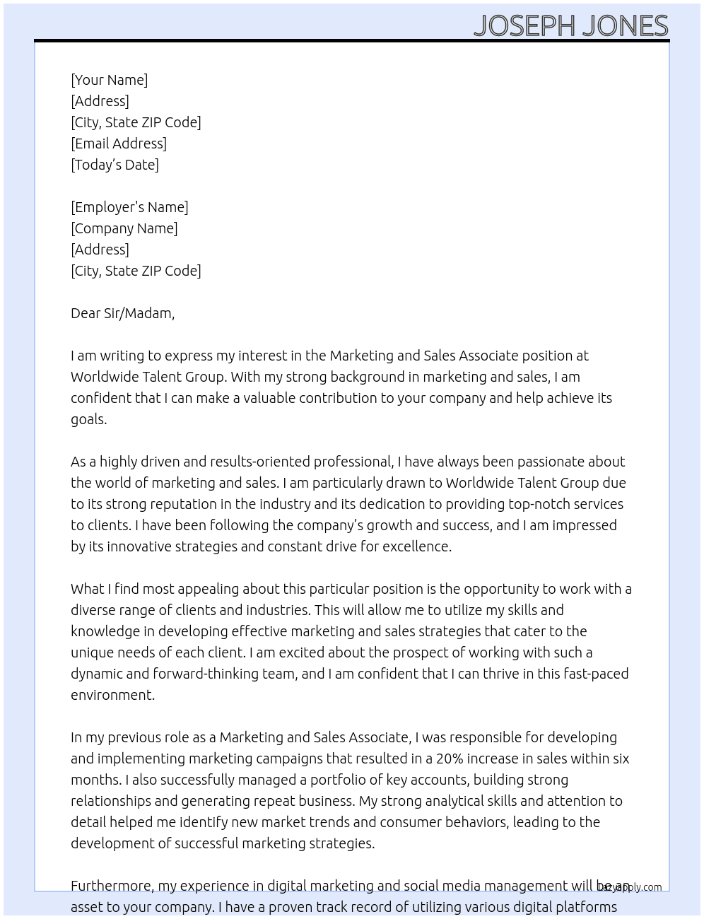 Marketing and Sales Associate At Worldwide Talent Group Cover Letter
