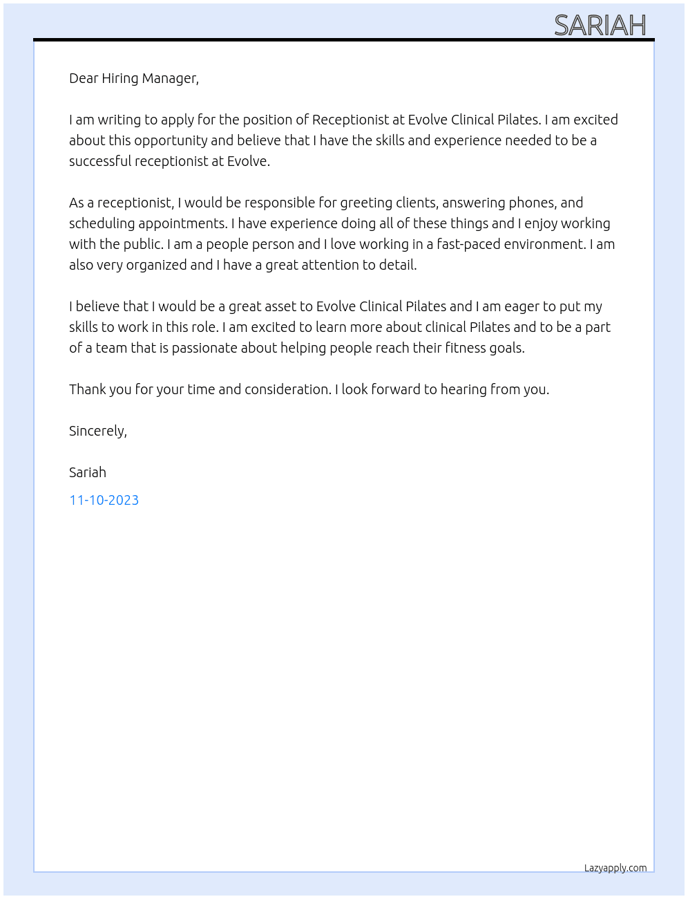 Receptionist  At Evolve clinical Pilates  Cover Letter