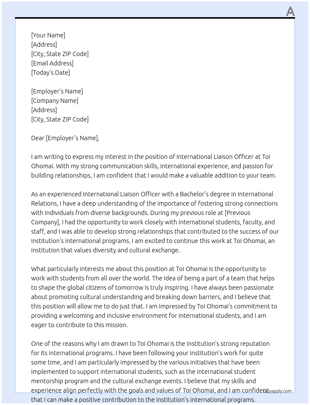 International Liaison Officer At Toi Ohomai Cover Letter
