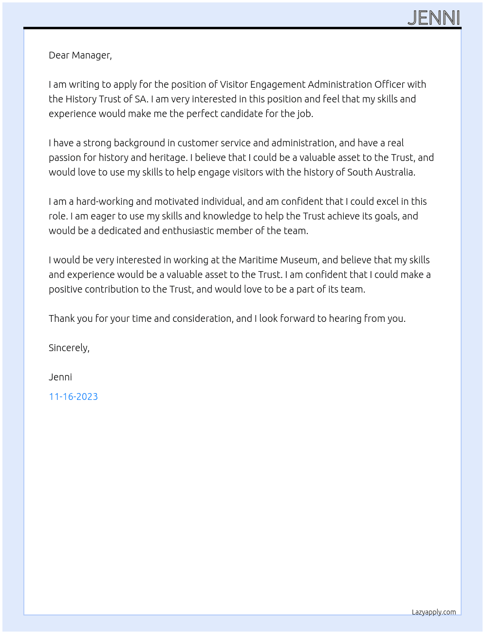 Visitor engagement administration officer At History Trust of SA Cover Letter