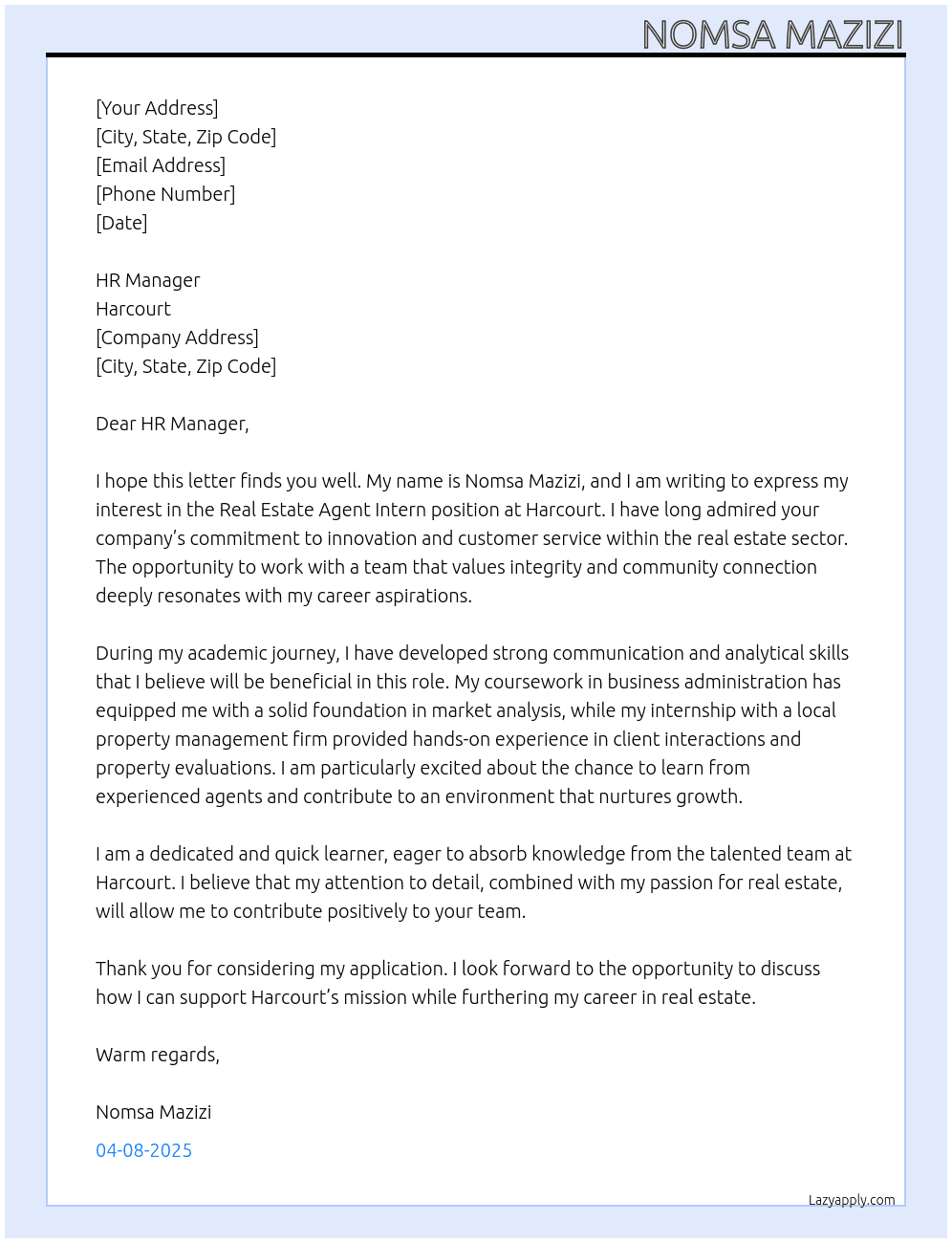 Real estate agent intern At Harcourt Cover Letter