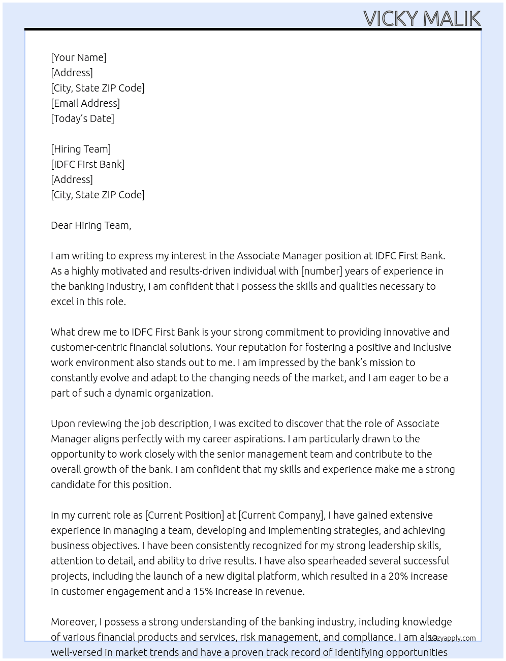 Associate manager At Idfc first bank Cover Letter