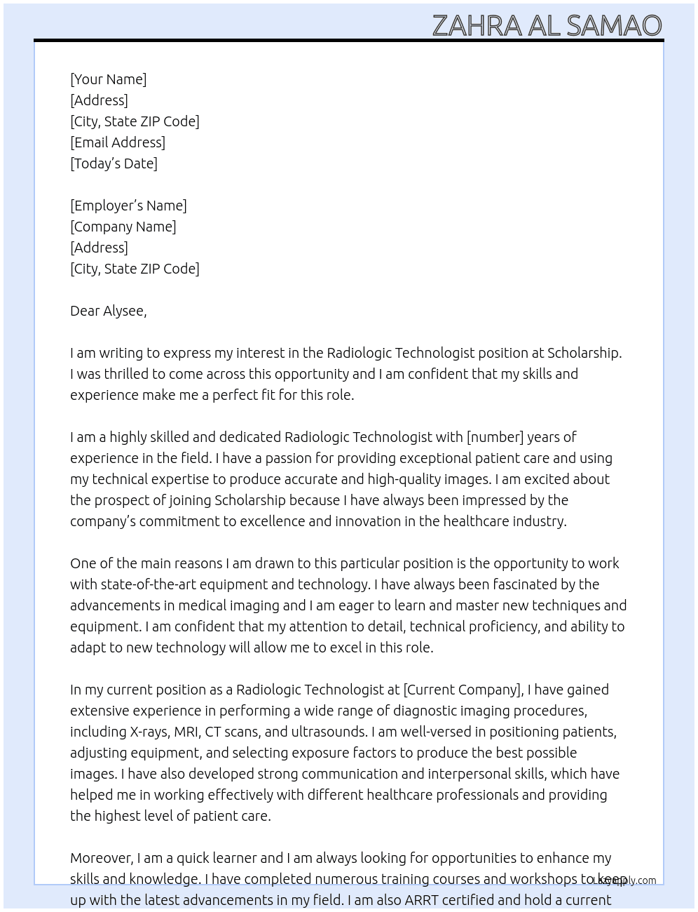 Radiologic technologist  At Scholarship  Cover Letter