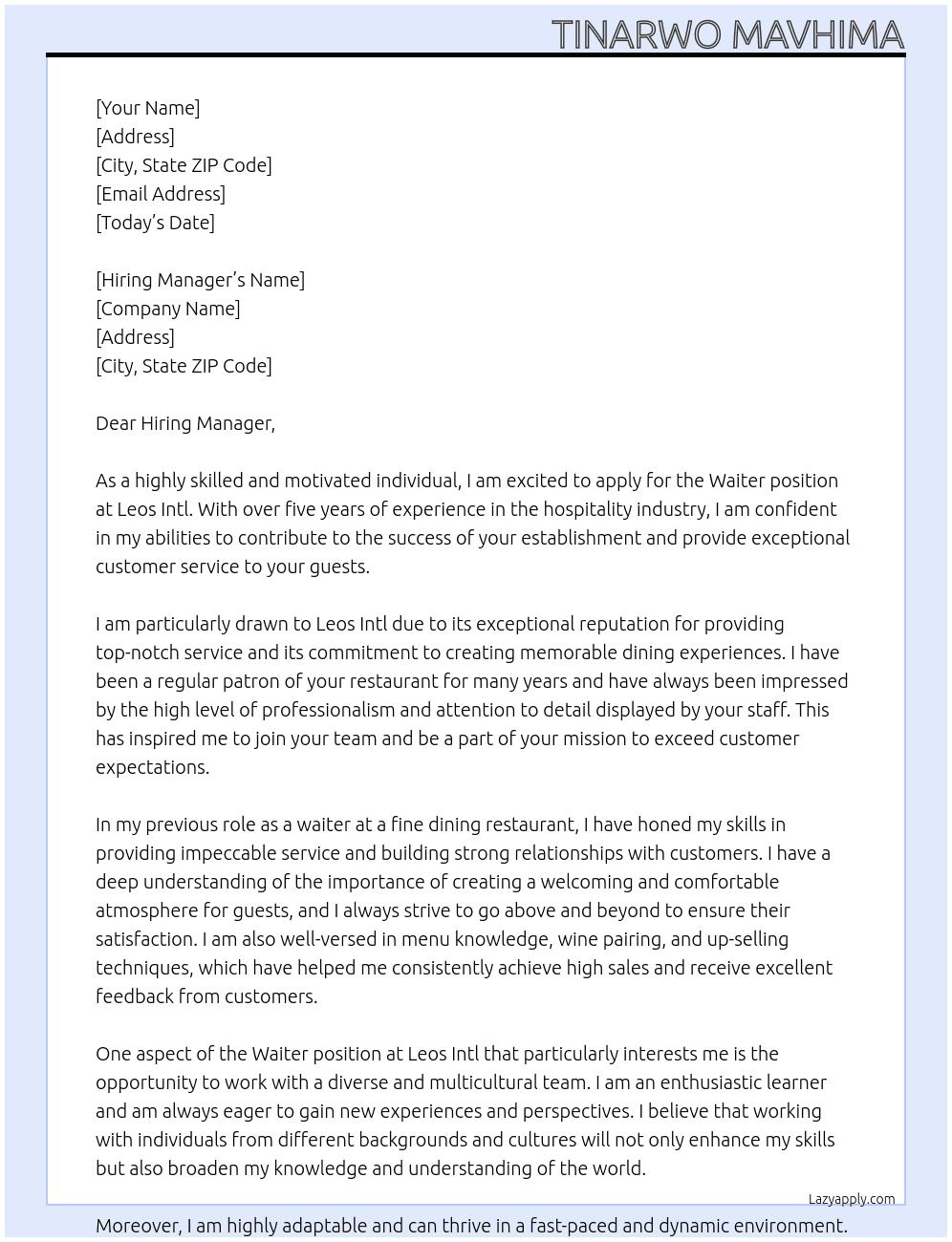 Waiter At Leos Intl Cover Letter