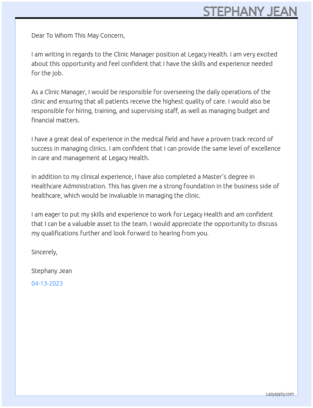 Clinic Manager At Legacy Health Cover Letter