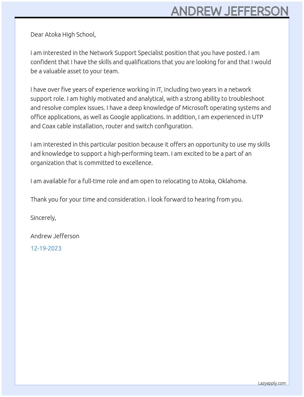 Network Support Specialist At Atoka High School Cover Letter