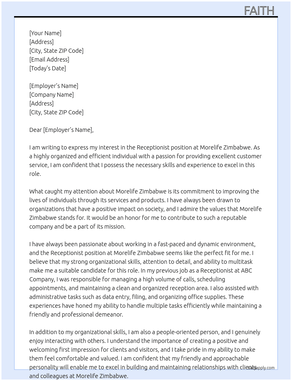 Receptionist  At Morelife Zimbabwe  Cover Letter