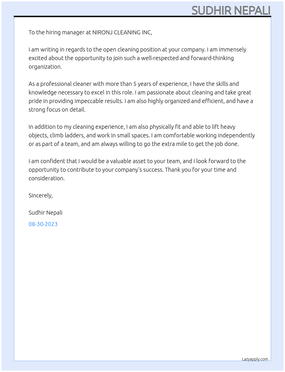 Cleaner At NIRONJ CLEANING INC Cover Letter