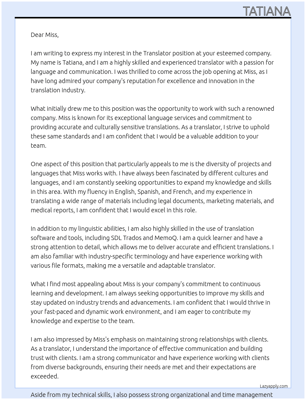 Translator At Miss Cover Letter