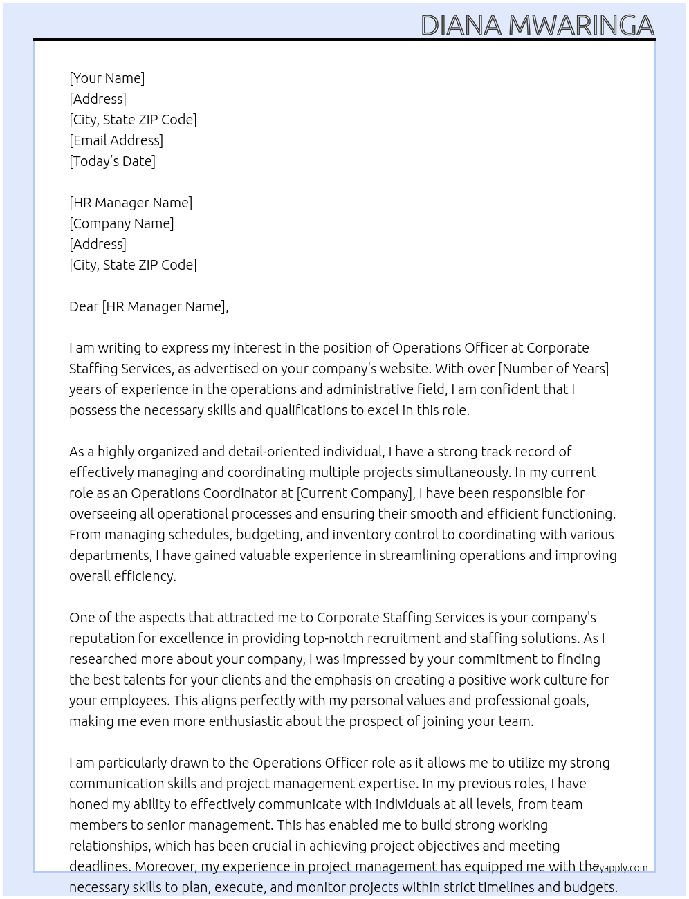 Operations Officer At Corporate Staffing Services Cover Letter