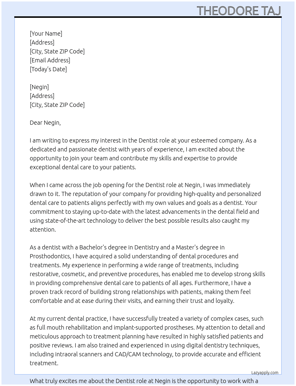 dentist At negin Cover Letter
