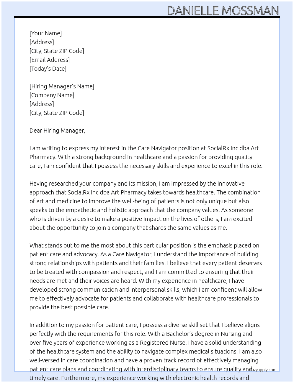 Care Navigator At SocialRx Inc dba Art Pharmacy Cover Letter